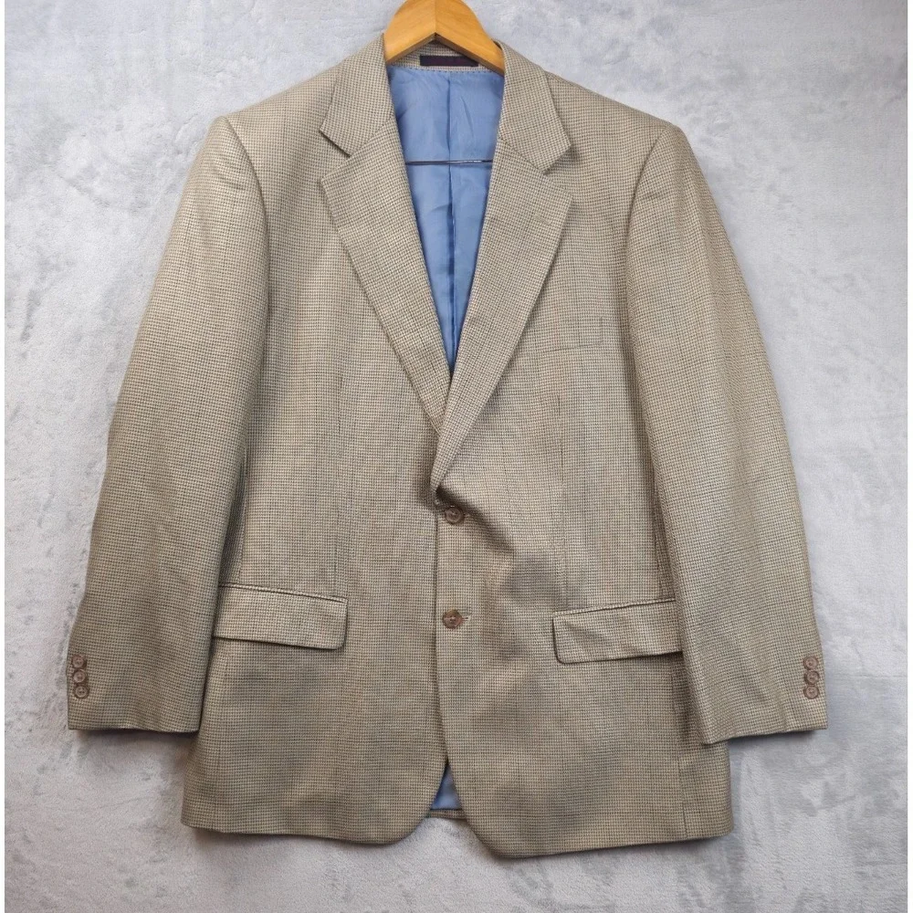 Alan Flusser Beige Houndstooth Plaid Windowpane Men 42R Blazer Sport Coat Jacket